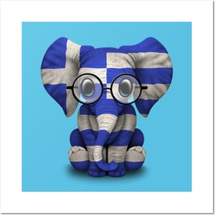 Baby Elephant with Glasses and Greek Flag Posters and Art